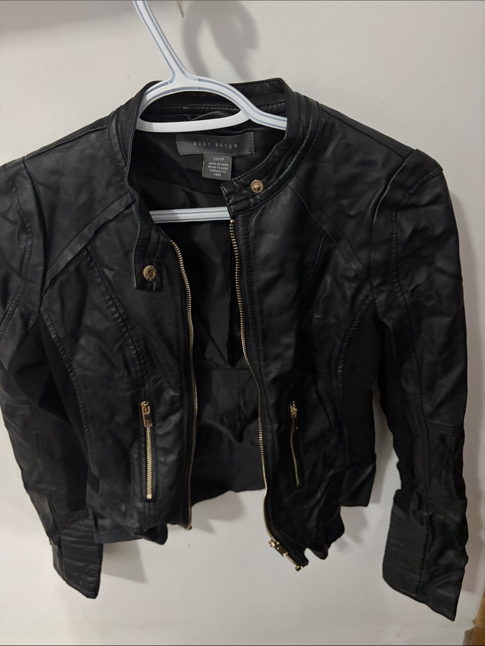 Suzy Shier Black Faux Leather Zip-Front Jacket with Gold Hardware